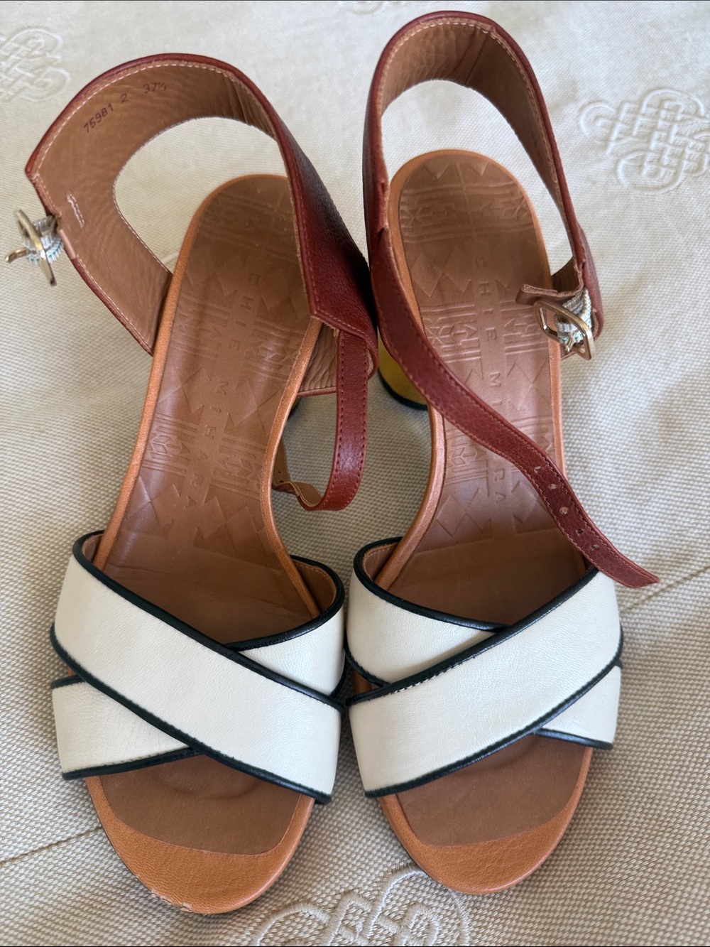 Chie Mihara Two-Tone White and Brown Leather Crisscross Sandals